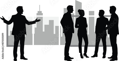 Business team silhouette discussing strategy, corporate meeting in city office, professional teamwork, leadership communication, negotiation concept, vector illustration isolated background