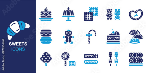 Sweets Icon set. Containing cookie, biscuit, donut, tart, pie, pudding, mousse and more. Solid vector icons collection. Vector illustration.