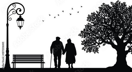 Elderly couple silhouette walking hand in hand in park, street lamp, bench, tree, birds flying, love, companionship, vector illustration art