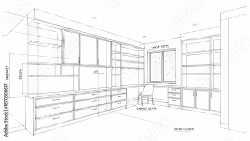 Architectural sketch of a modern office interior design with built in cabinets and windows.
