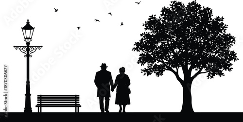 Elderly couple silhouette walking hand in hand through park, street lamp, bench, tree, birds flying, peaceful love, companionship, vector illustration
