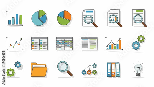 Collection of business and finance icons for data analysis and planning.