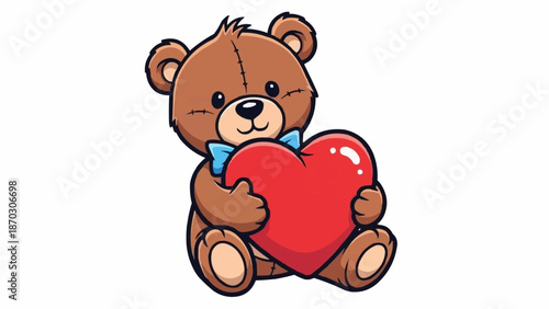 Cute cartoon teddy bear holding a red heart with a blue bow.