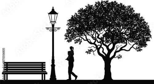 Father carrying child silhouette walking in park, street lamp, bench and tree, family love, outdoor nature illustration, vector art design