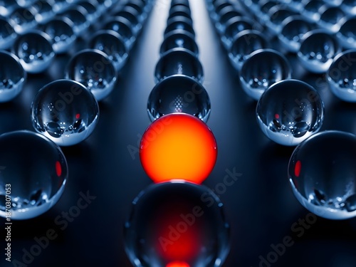 Single red sphere among uniform blue sphere grid representing anomaly detection in sensor array or data pattern. Copy space