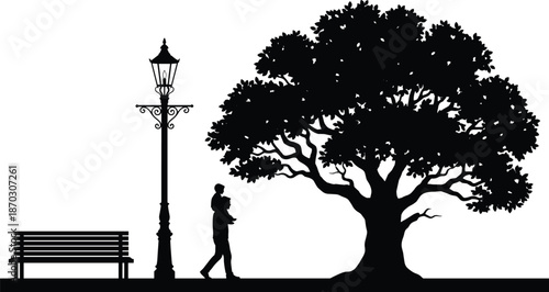 Man silhouette walking in park with phone, street lamp, bench, large tree, peaceful outdoor scene, vector illustration art design minimal