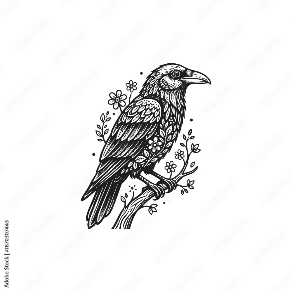 Obraz premium Ornamental raven perched on a branch illustration with intricate floral patterns and mandala details, decorative crow vector isolated on white background.