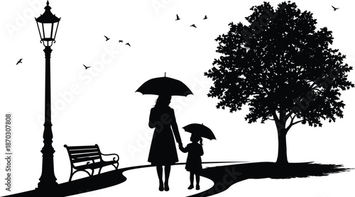Mother and child silhouette walking with umbrellas in park, rainy day scene, street lamp, bench, tree, birds, vector illustration