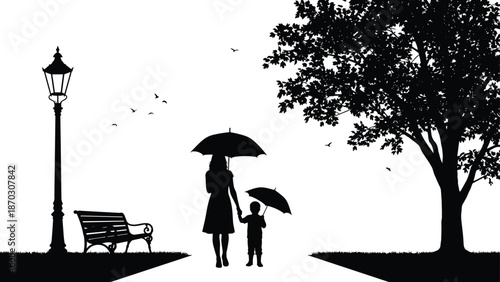 Mother and child silhouette walking with umbrellas in park, rainy evening scene, street lamp, bench, tree, birds, vector illustration art