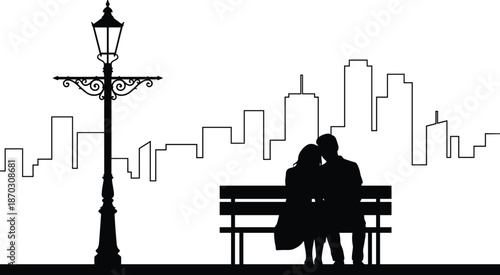 Romantic couple silhouette sitting on park bench, city skyline background, love relationship concept, street lamp, urban night scene, vector illustration