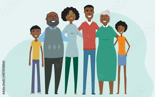 Happy African Family Cartoon Characters Hugging Together Isolated on White Background