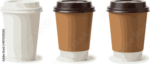 Disposable Coffee Cup Vector Set with Takeaway Paper Cups and Plastic Lids for Cafes, Hot Drinks, Branding, and Beverage Packaging Designs