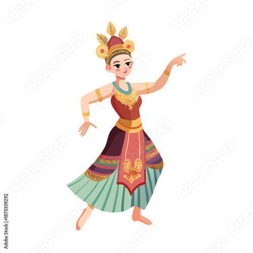 Traditional Javanese dancer in elaborate costume performing a classical dance, featuring a detailed headdress and patterned sarong.

