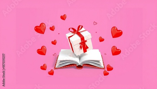 Open book with gift and hearts