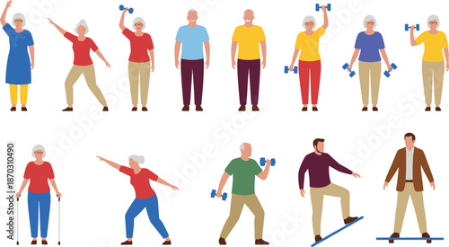 Senior People Exercise Vector Set with Elderly Men and Women Doing Fitness, Balance, and Strength Activities for Healthy Aging Illustrations