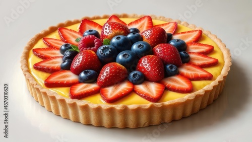 Round fruit tart with yellow custard and fresh berries
