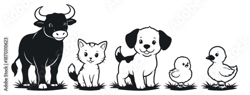 Cute cartoon animal set featuring a bull, cat, dog, chick, and duck for children's designs
