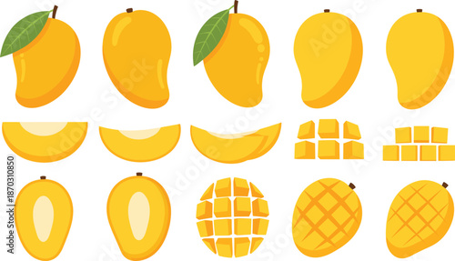 Fresh Mango Fruit Vector Set with Whole, Sliced, and Diced Mango Illustrations for Food Packaging, Recipes, Nutrition, and Tropical Design Projects