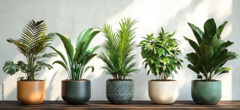 Fototapeta premium Five lush indoor potted plants in varied ceramic pots on a wooden shelf against a sunlit textured wall, evoking a calm and refreshing atmosphere