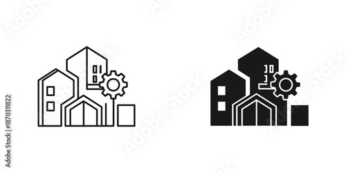 Black and white cityscape with industrial gears buildings