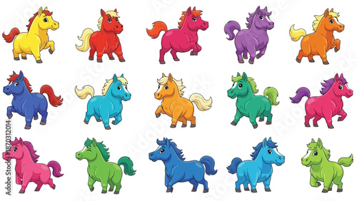 A vibrant collection of cartoon horses in various bright colors, each with a unique pose and expression, set against a white background.