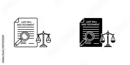 Black and white last will and testament document with magnifying glass and scales of justice