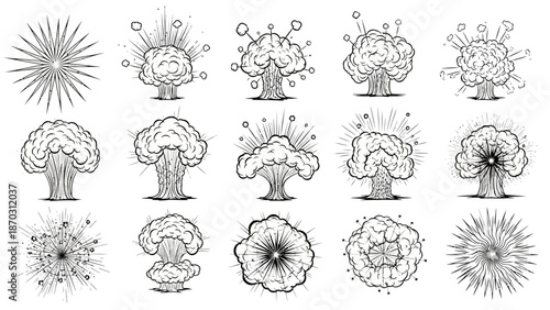 A collection of hand-drawn, black and white illustrations depicting various mushroom cloud explosions and radial burst patterns.