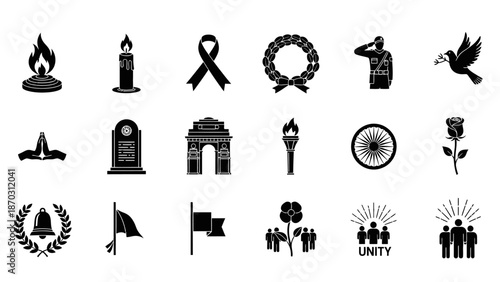 Collection of black and white icons representing solemn occasions, remembrance, and national pride, including candles, a dove, a tombstone, and the India Gate.