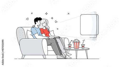Couple enjoying movie night at home with popcorn and drinks