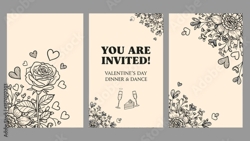 Three vintage-style Valentine's Day invitation cards featuring floral illustrations and romantic motifs.