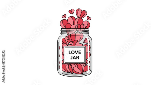Jar Filled with Red Hearts and Love Label on White Background