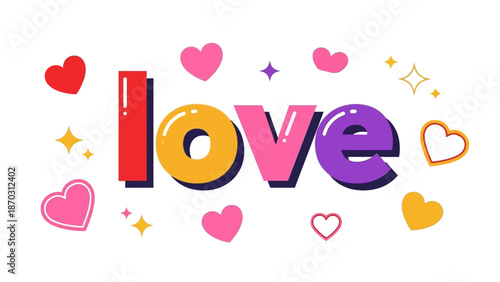 Colorful love typography with hearts and stars on white background