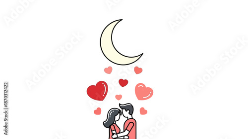 Romantic couple embracing under moon with floating hearts
