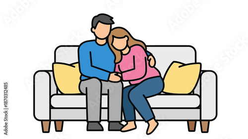 Couple embracing on a cozy sofa in minimalist illustration