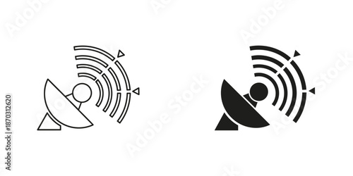 Black and white satellite dish with signal waves communication