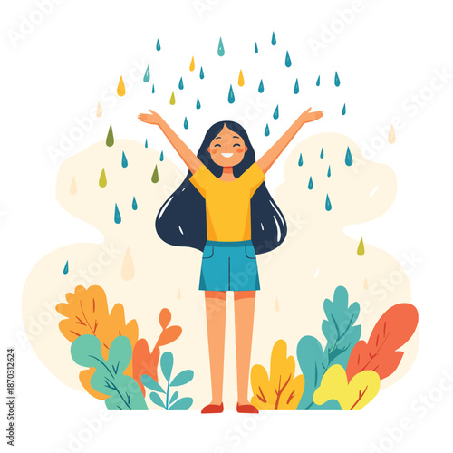 Happy woman with raised arms stands enjoying rain