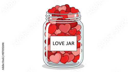 Jar filled with red and pink hearts labeled Love Jar