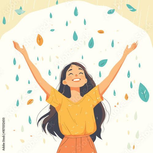 Happy woman with raised arms stands enjoying rain