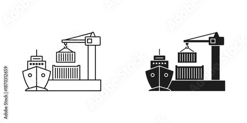 Black and white ship loading containers with cranes