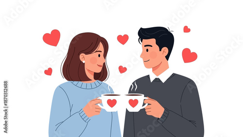 Couple enjoying coffee together with love symbols around