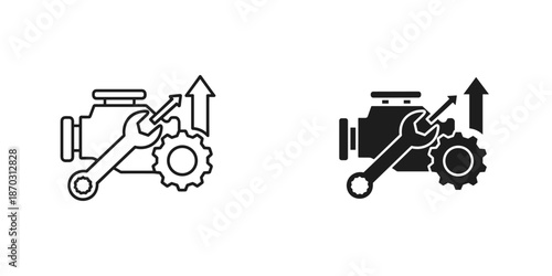 Black and white wrench adjusting gears with upward arrows