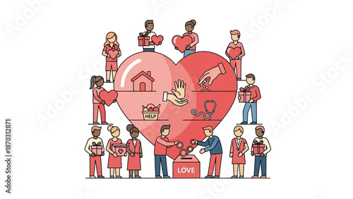 Illustration of diverse people engaging in charity and giving activities