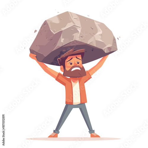 Cartoon character holding huge stone on shoulders