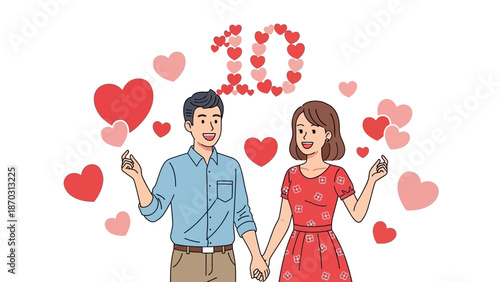 Happy couple celebrating 10th anniversary with hearts and love theme