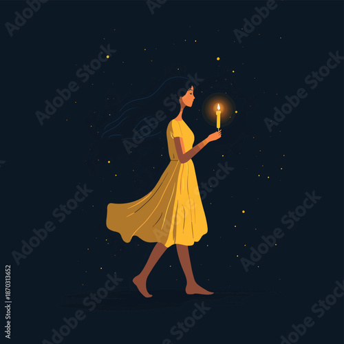 Cute woman holding candlestick handle lights up darkness