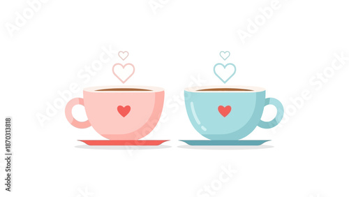 Cute pastel coffee cups with hearts and steam on white background