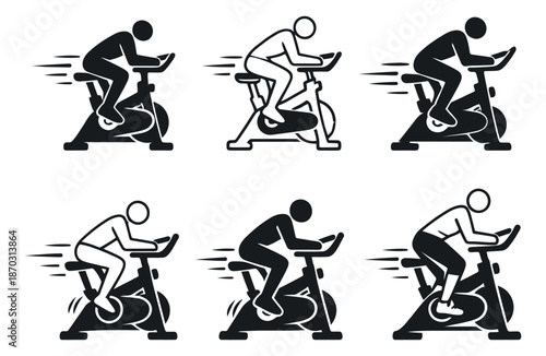 Monochrome fitness icon set featuring people riding stationary bikes with speed effects for exercise and gym concepts