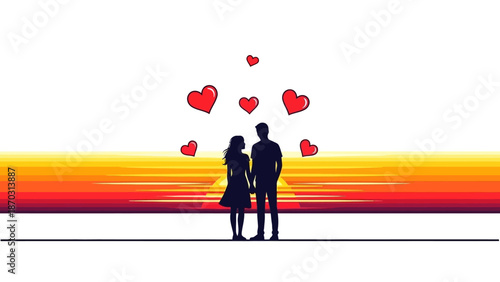Silhouette of Couple Holding Hands at Romantic Sunset