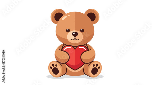 Cute cartoon teddy bear holding a red heart on white background