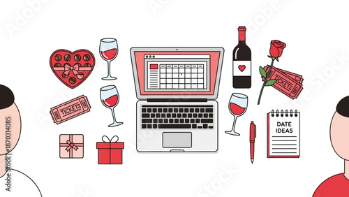 Romantic Valentine's Day flat lay with laptop and gifts